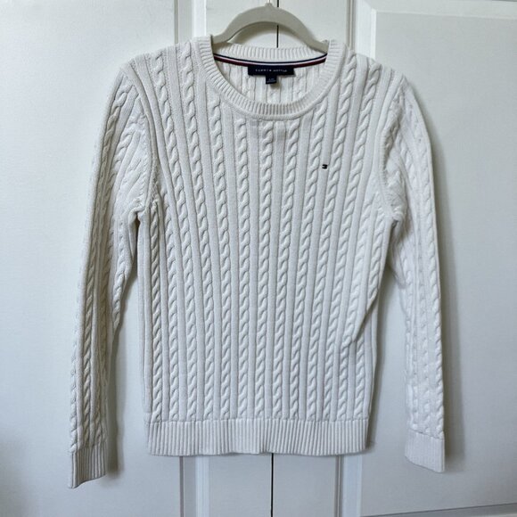 Tommy Hilfiger Sweater Womens L White Cable Knit Fisherman Academia Preppy - Picture 1 of 8